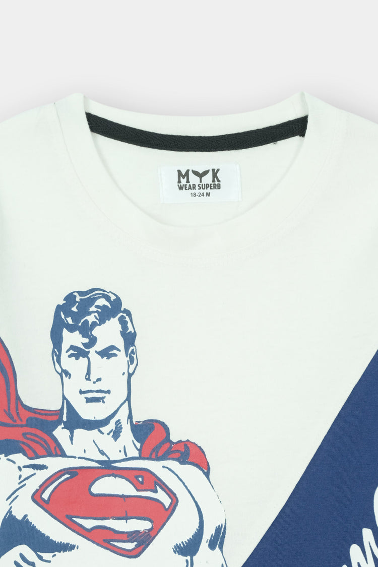 Superman Printed White Blue Summer T-Shirt & Blue Trouser Set for Boys - MYK_Fatimas