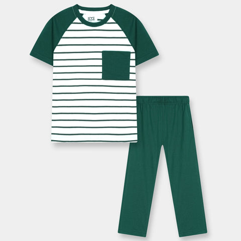 Boys Green White Striped Casual Co Ord Set