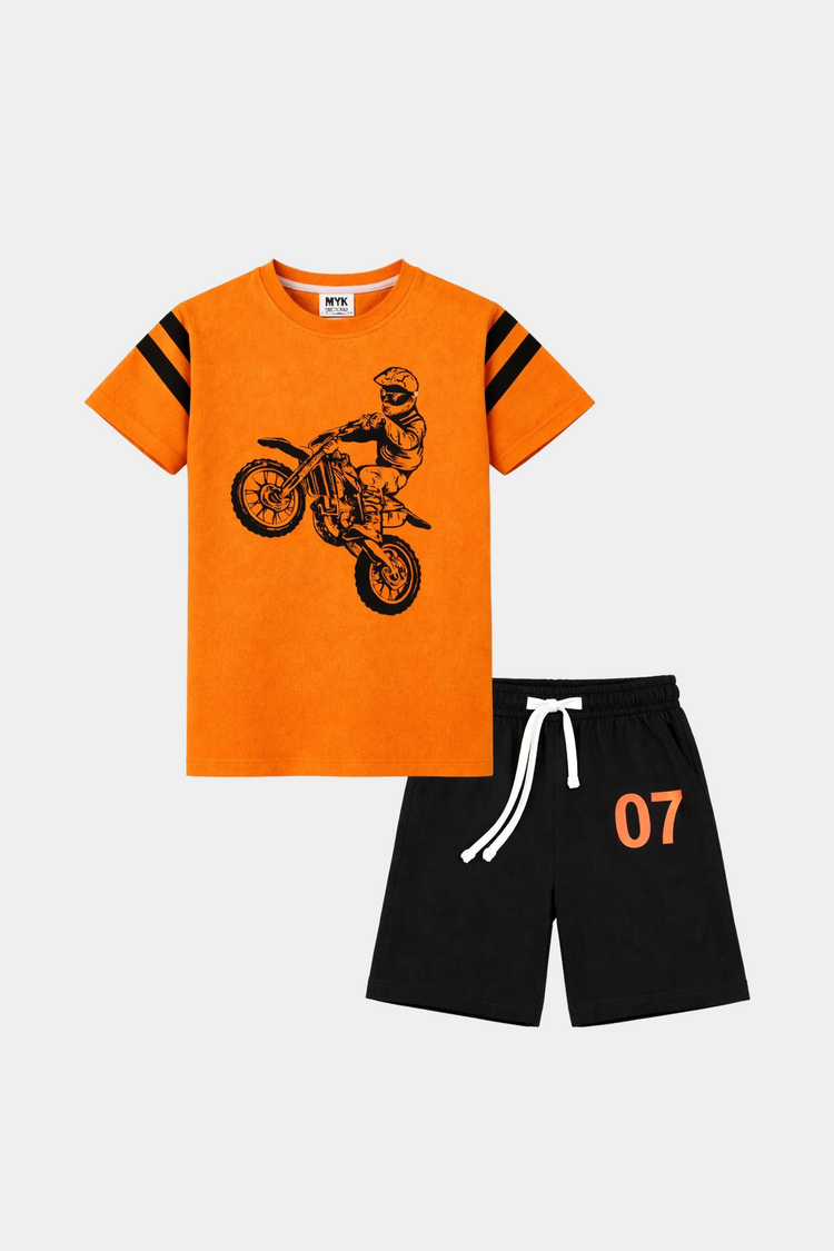 Biker Adventure Boys Summer Set – Orange & Black Cotton Outfit - MYK_Fatimas