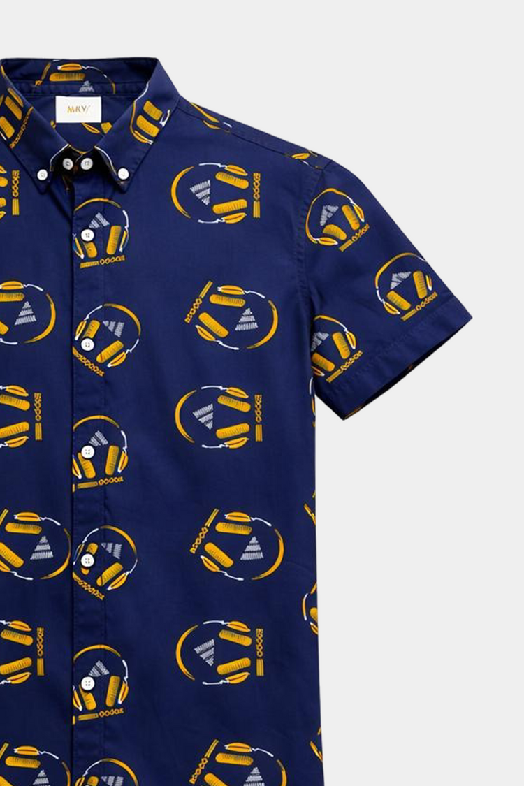 Boys Summer Co-ord Set in Navy Blue – Headphone Print Linen - MYK_Fatimas