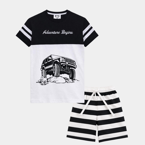 Adventure Begins Boys Summer Set – Monochrome Jeep Graphic Outfit - MYK_Fatimas