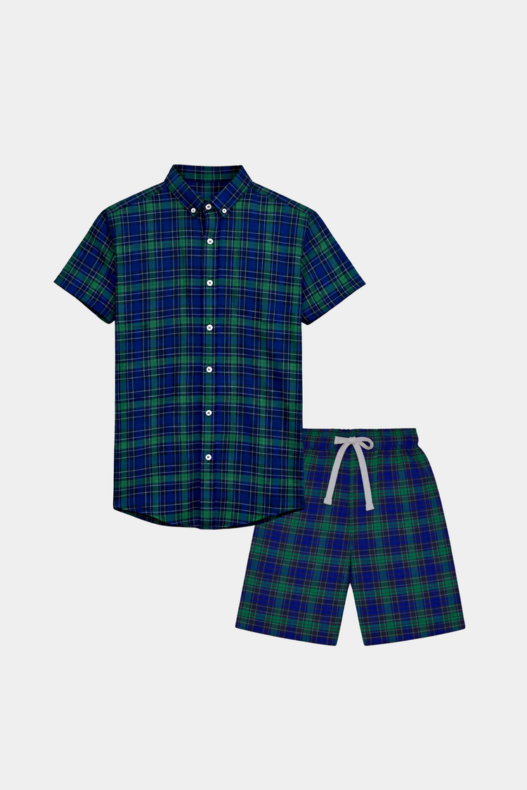 Boys' Olive Green & Navy Checkered Summer Shirt and Shorts Set - MYK_Fatimas