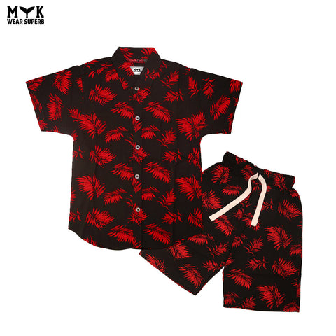 Boys Black & Red Tropical Leaf Linen Co-ord Set
