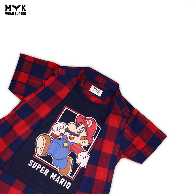 Super Mario Checkered Open Shirt & T-Shirt Set - MYK_Fatimas