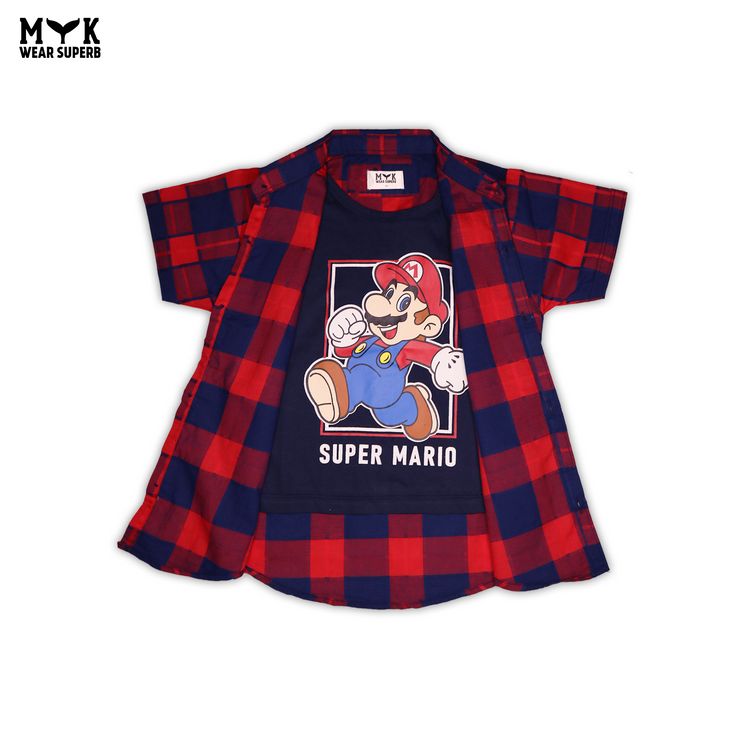 Super Mario Checkered Open Shirt & T-Shirt Set - MYK_Fatimas