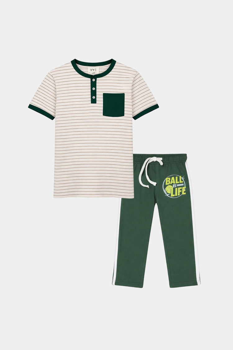 Boys Cotton Summer Set – "Ball is Life" Striped Tee & Jogger Pants - MYK_Fatimas