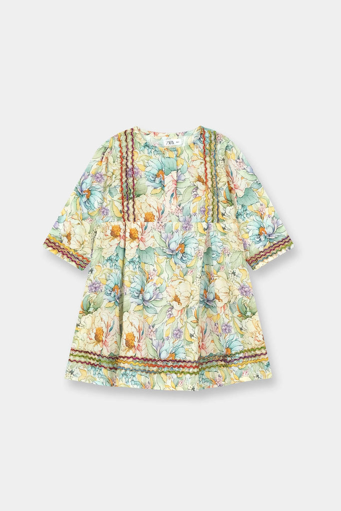 Luxury Dora Cotton Lawn Girls Dress – Cream Multicolor Floral - MYK_Fatimas