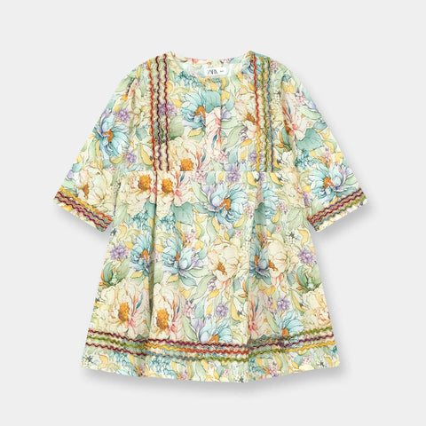 Luxury Dora Cotton Lawn Girls Dress – Cream Multicolor Floral - MYK_Fatimas