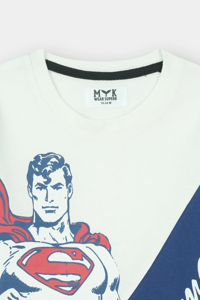 Superman Printed White Blue Summer T-Shirt & Blue Trouser Set for Boys - MYK_Fatimas