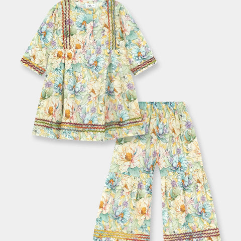 Luxury Dora Cotton Lawn Girls Dress – Cream Multicolor Floral - MYK_Fatimas