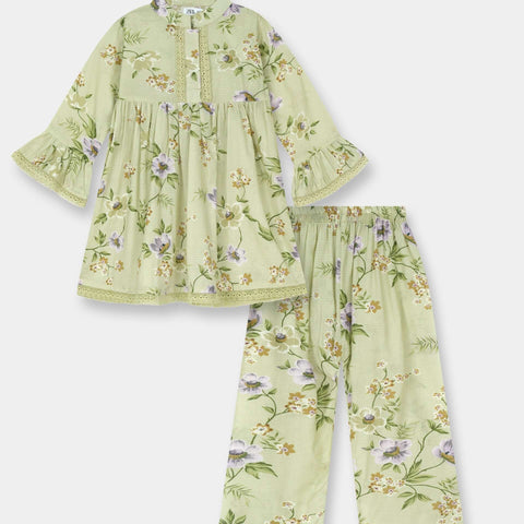 Luxury Cotton Lawn Girls 2 Piece Suit – Light Green Floral - MYK_Fatimas