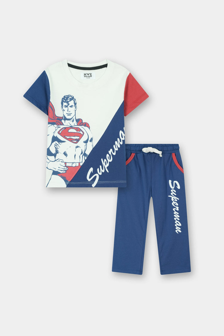 Superman Printed White Blue Summer T-Shirt & Blue Trouser Set for Boys - MYK_Fatimas