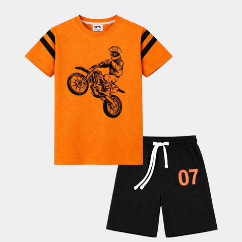 Biker Adventure Boys Summer Set – Orange & Black Cotton Outfit - MYK_Fatimas