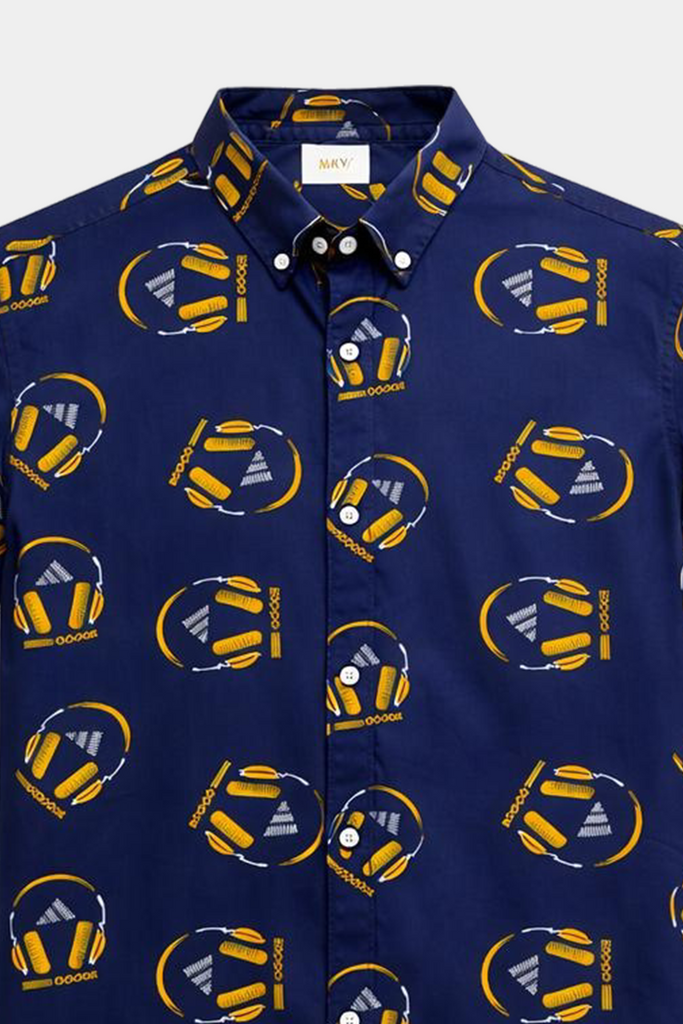 Boys Summer Co-ord Set in Navy Blue – Headphone Print Linen - MYK_Fatimas