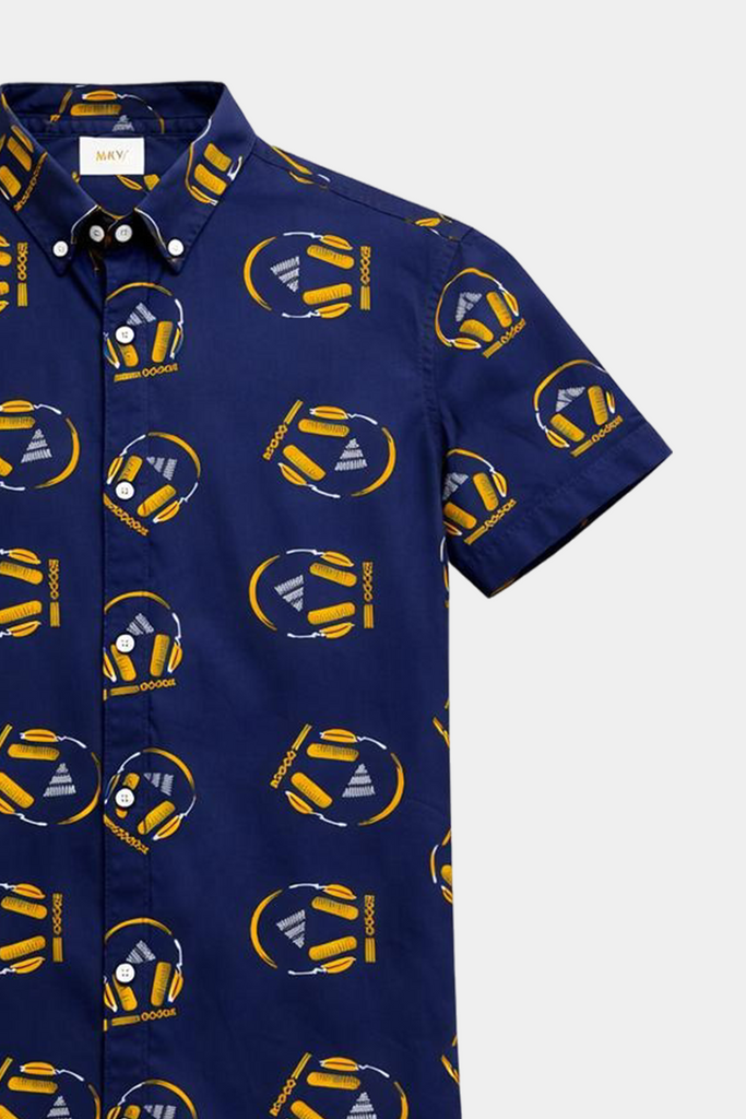 Boys Summer Co-ord Set in Navy Blue – Headphone Print Linen - MYK_Fatimas