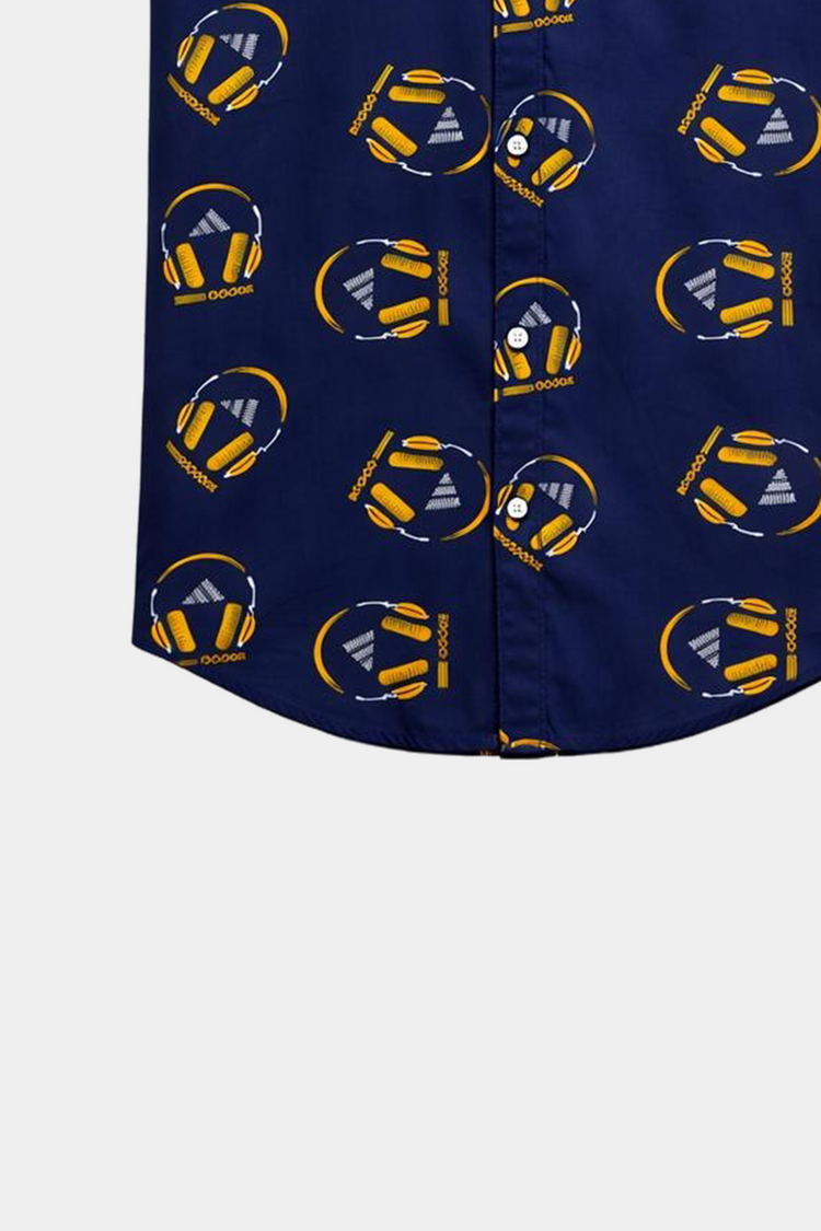 Boys Summer Co-ord Set in Navy Blue – Headphone Print Linen - MYK_Fatimas