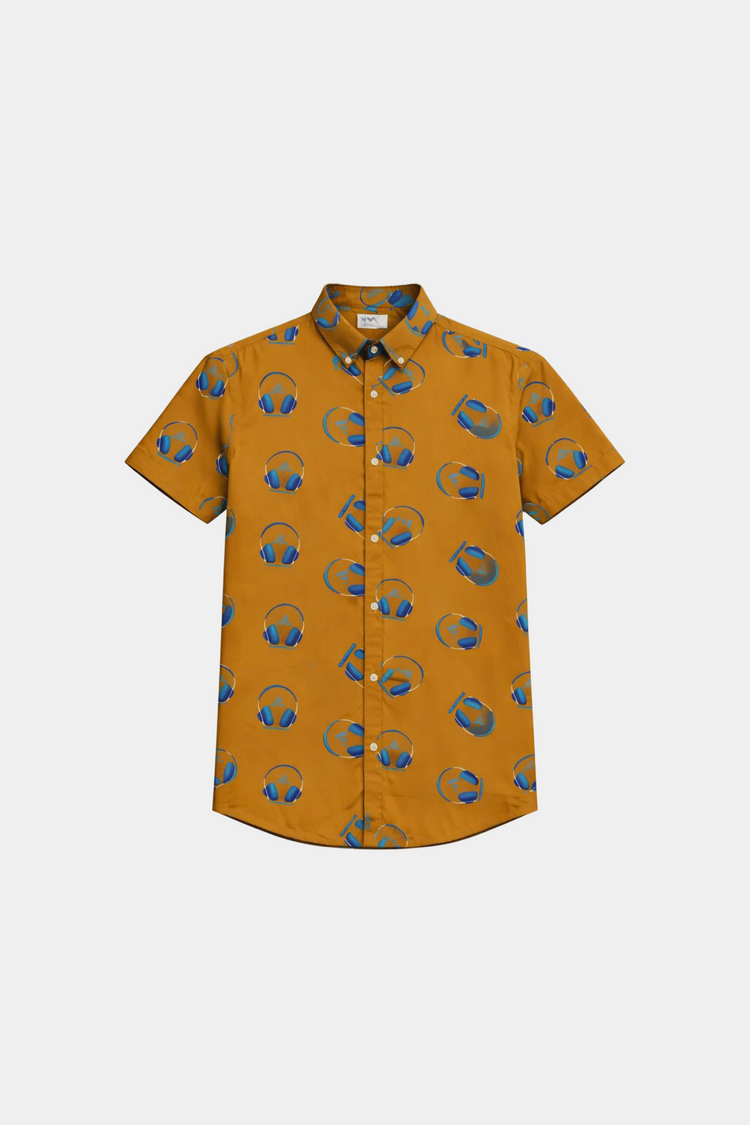 Boys Summer Linen Co-ord Set – Mustard Headphone Print Shirt & Shorts - MYK_Fatimas