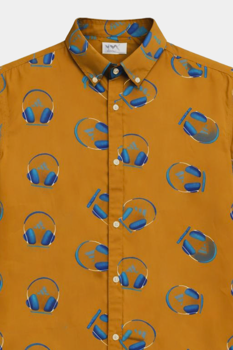 Boys Summer Linen Co-ord Set – Mustard Headphone Print Shirt & Shorts - MYK_Fatimas