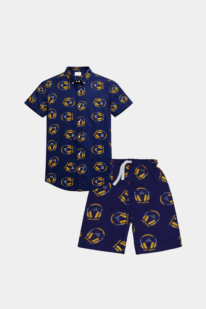 Boys Summer Co-ord Set in Navy Blue – Headphone Print Linen - MYK_Fatimas