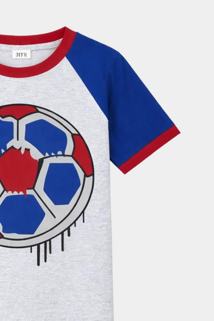 Boys' Summer Football Print T-Shirt & Shorts Set – Red, Blue & Grey Combo - MYK_Fatimas