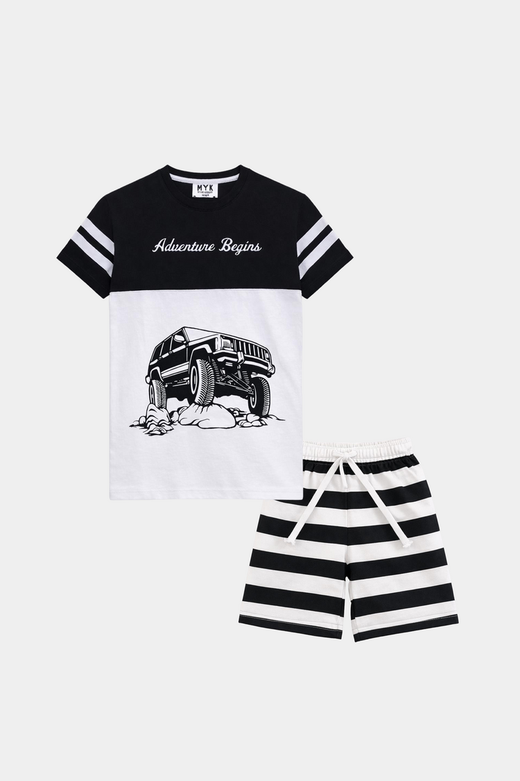 Adventure Begins Boys Summer Set – Monochrome Jeep Graphic Outfit - MYK_Fatimas