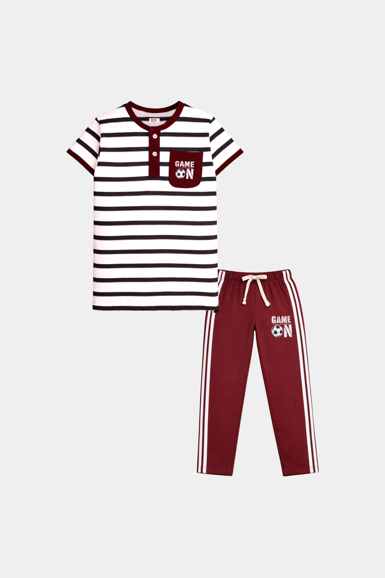 Boys' Striped “Game On” Maroon & White Summer Set - MYK_Fatimas