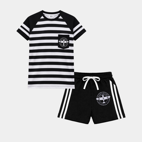 Boys Black & White Aeroplane Print Summer Co-Ord Set - MYK_Fatimas