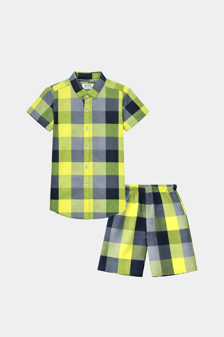 Boys Lime Green & Navy Checkered Shirt & Shorts Set - MYK_Fatimas