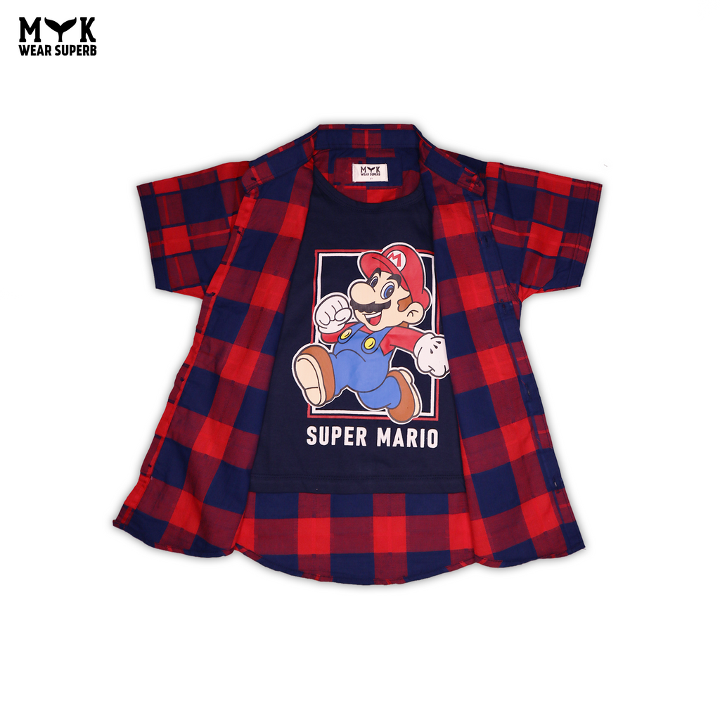 Super Mario Checkered Open Shirt & T-Shirt Set - MYK_Fatimas