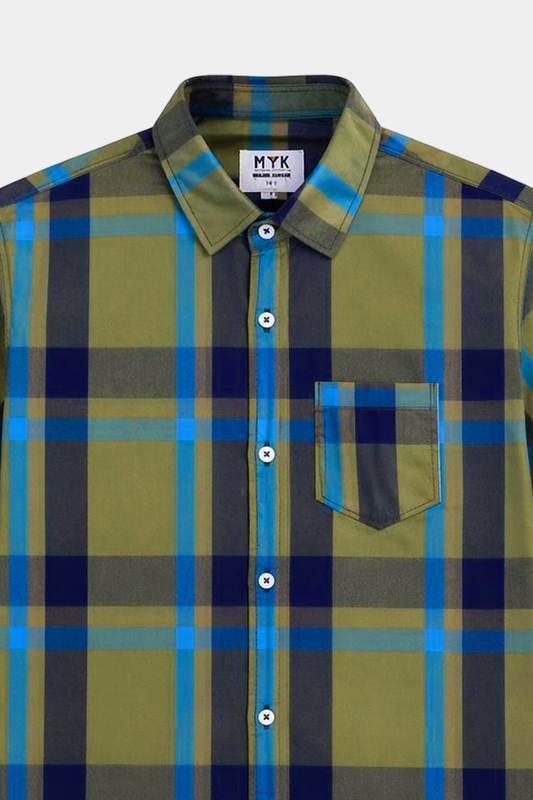 Boys' Stylish Plaid Short-Sleeve Shirt – Olive Green & Blue