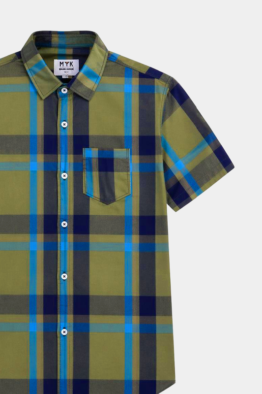 Boys' Stylish Plaid Short-Sleeve Shirt – Olive Green & Blue