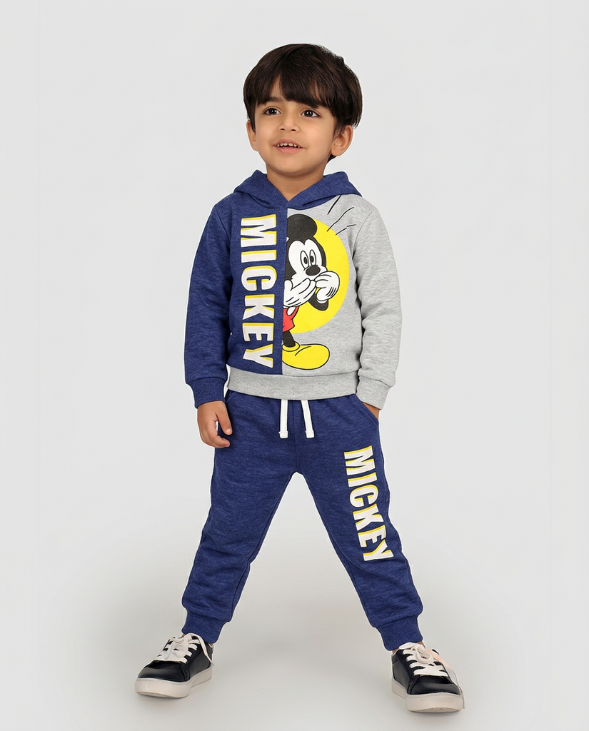 Kids Mickey Mouse Blue & Grey Fleece Zip-Up Hoodie & Trouser Set 