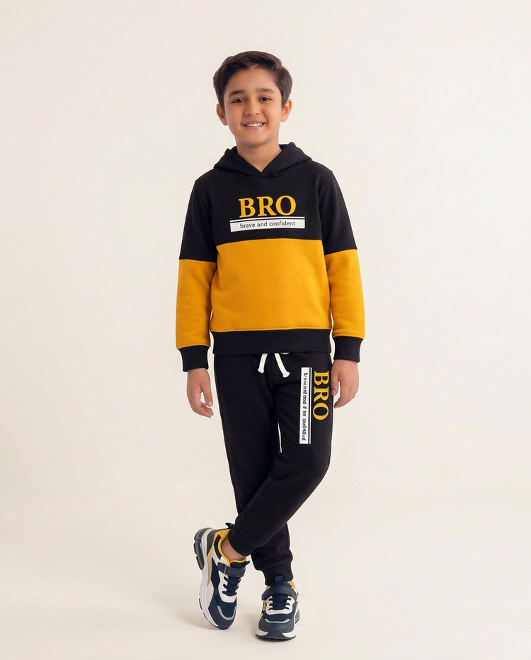 Boys Black & Yellow BRO Hoodie & Trouser Set – 2 Piece